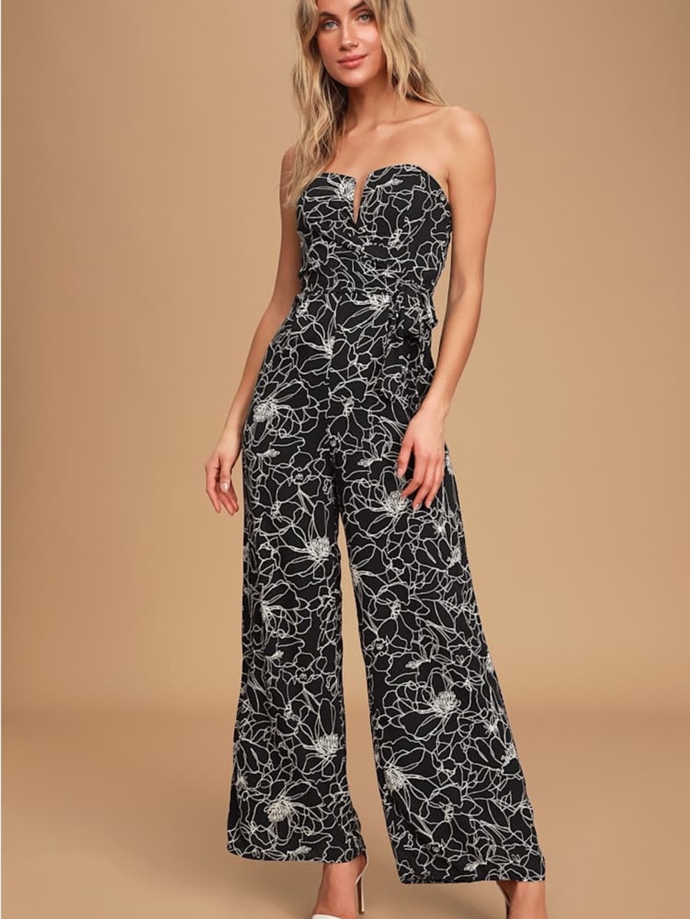 Lulu's Black & White Strapless Floral Wide-Leg Jumpsuit